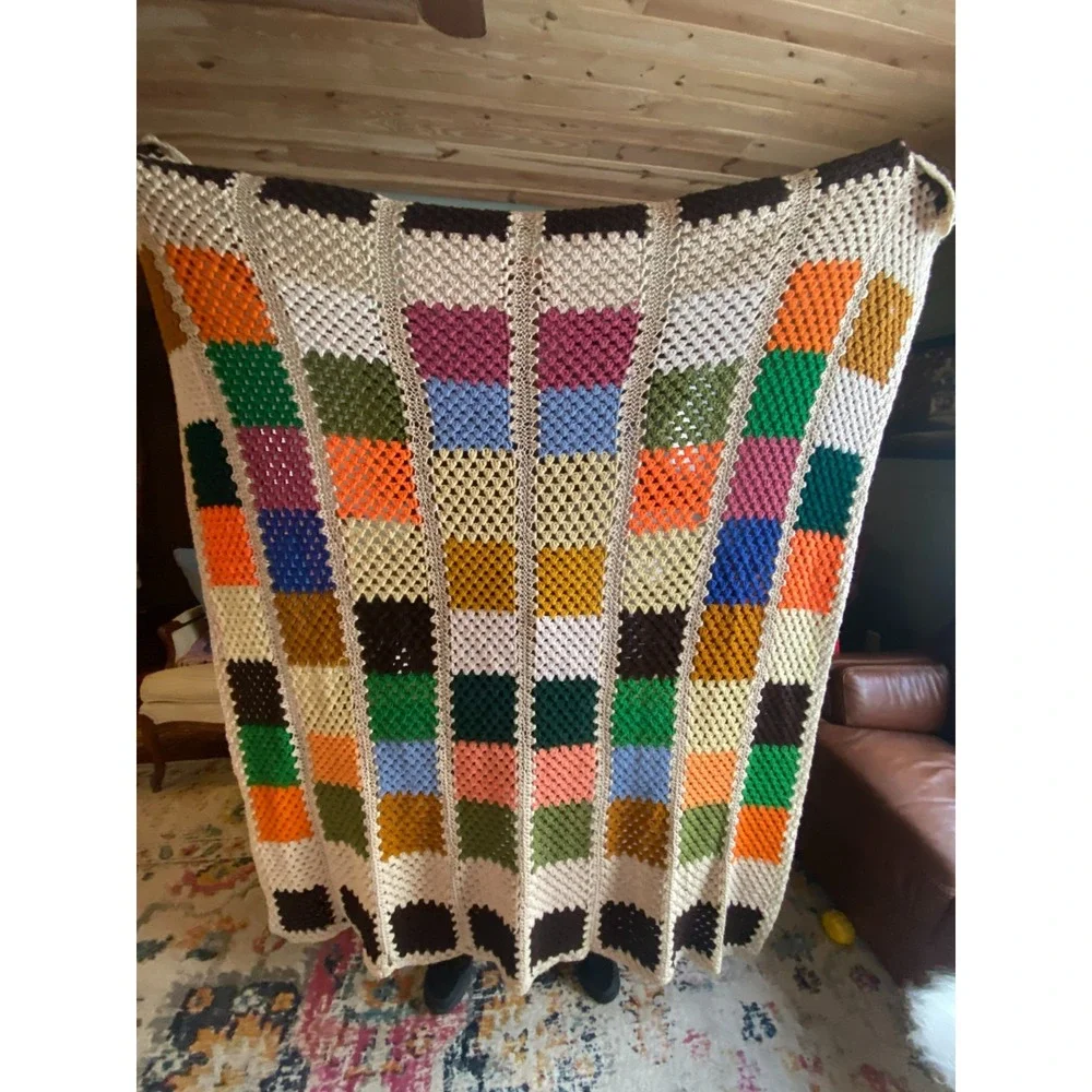 Crochet Afghan Throw Blanket Granny Square Multicolor Tan Green Brown 64x76
